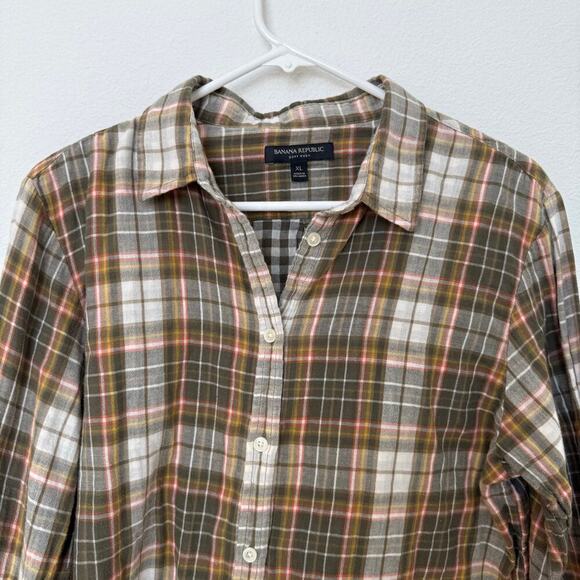 Women's Banana Republic Soft Wash Button Up XL Green Orange Yellow Cotton - Picture 4 of 7